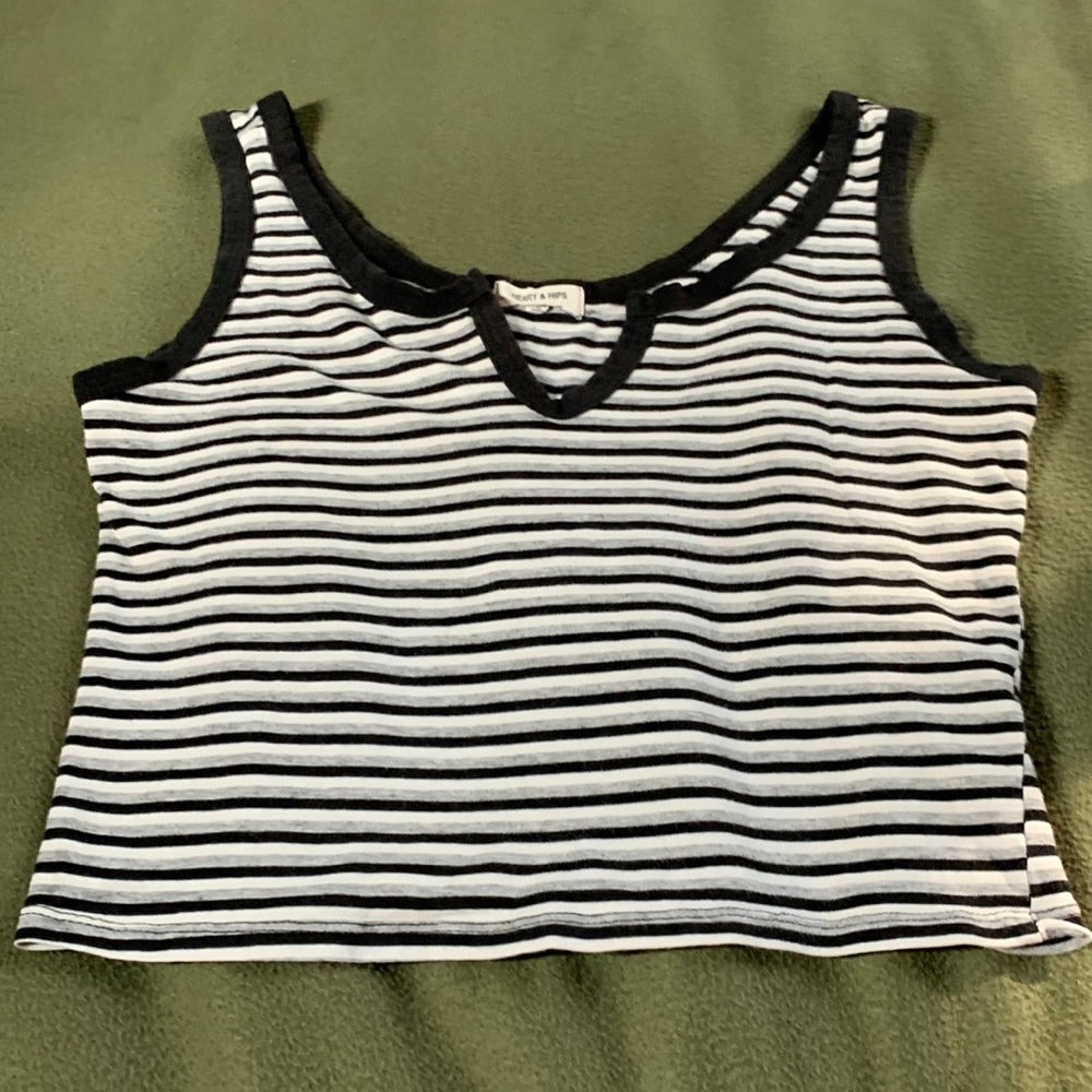 Heart and Hips black, gray, white striped top.  Size L. Chest approx 16 inches.